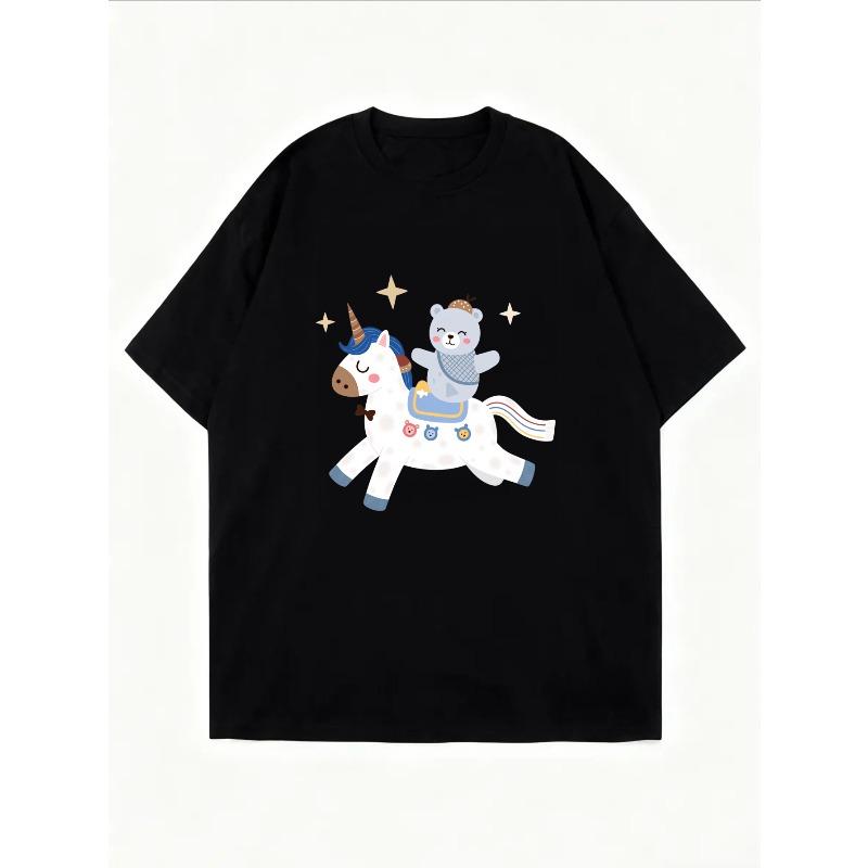 Cute Unicorn And Bear Printed White T-Shirt For Women Casual Summer Outfit Fashion Top With Cartoon Design For Daily Wear And Leisure Activities