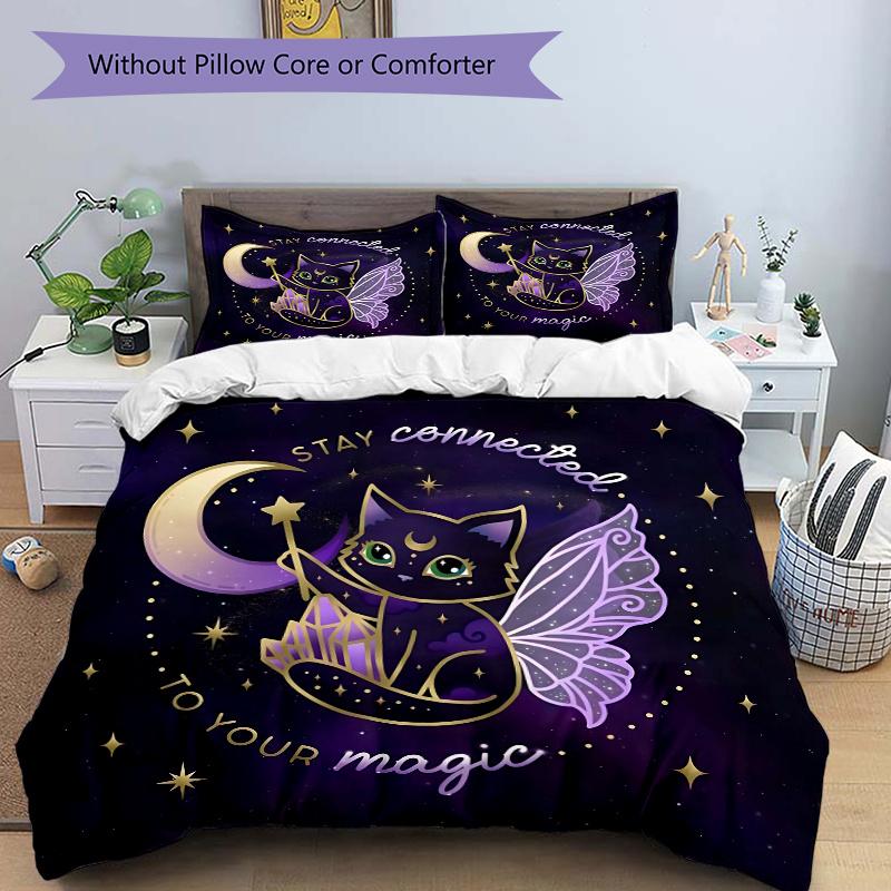 

3pcs Stay Connected To Your Magic Crystal Cat Design Print Bedding Set (Without Inserts), Suitable for Use in Bedrooms and Guest Rooms.N092 135x200cm