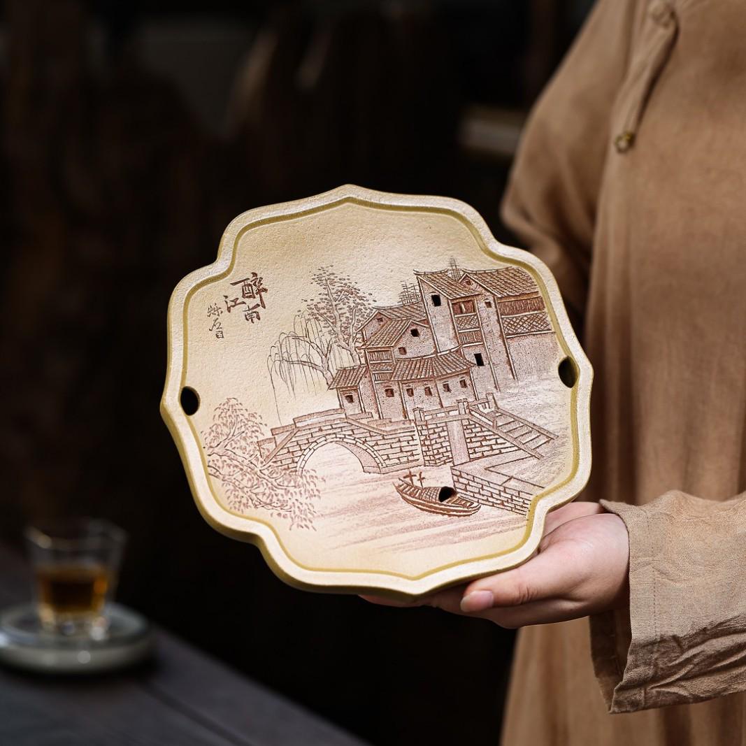 Yixing Zisha Original Ore Duan Ni Tea Tray with Exquisite Water Chestnut Flower Carvings. No