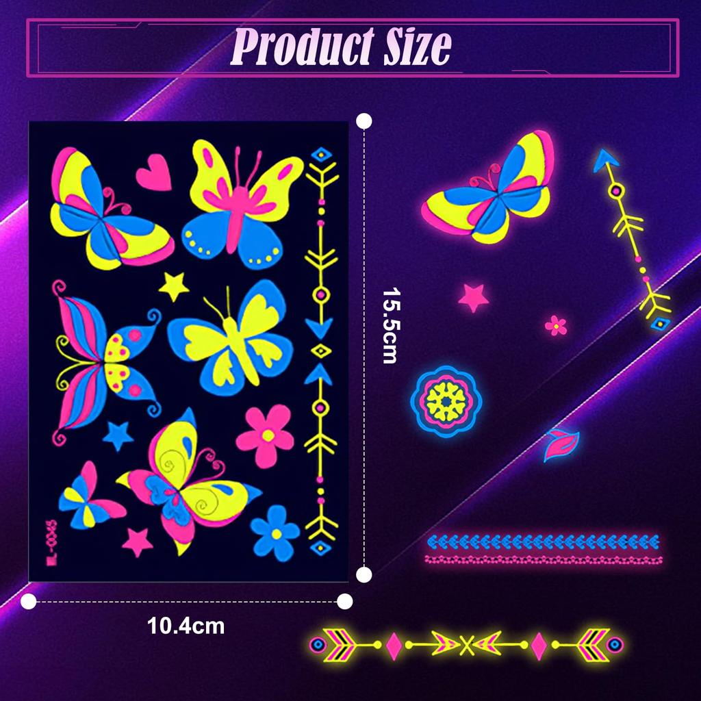 TecoKart® Waterproof & Long-Lasting Temporary Tattoo | Safe & Realistic Tattoo Sticker with Vibrant Designs | 12-Pack Neon Glow Stickers Glow In the
