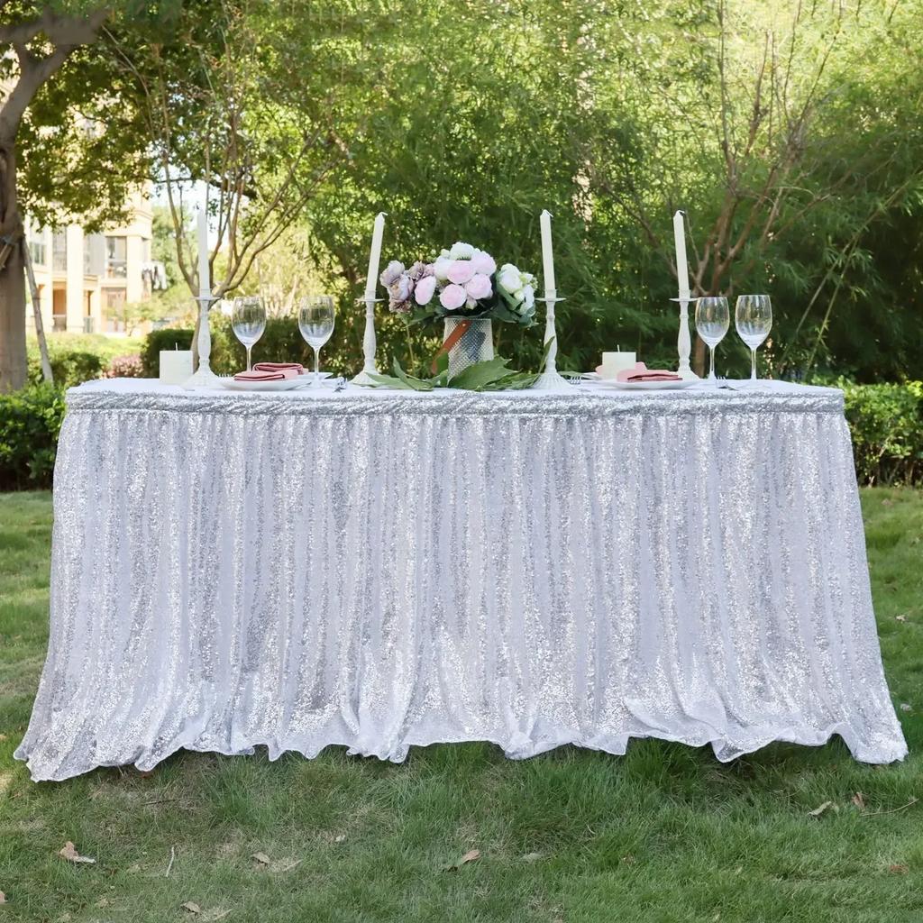 Light Gold Sequin Table Skirt Tablecloth Glitter Sparkly Shimmer Rectangle Table Covers for Birthday Party Event Wedding Decor