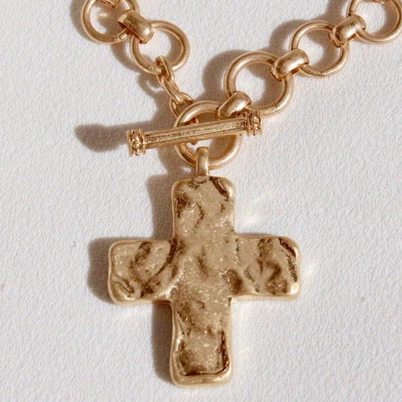 Hammered Bold Cross Necklace Thick Chain Set for Women Men Chunky Golden Silvery Statement Pendant Necklace Vintage Chain Pendant Jewelry