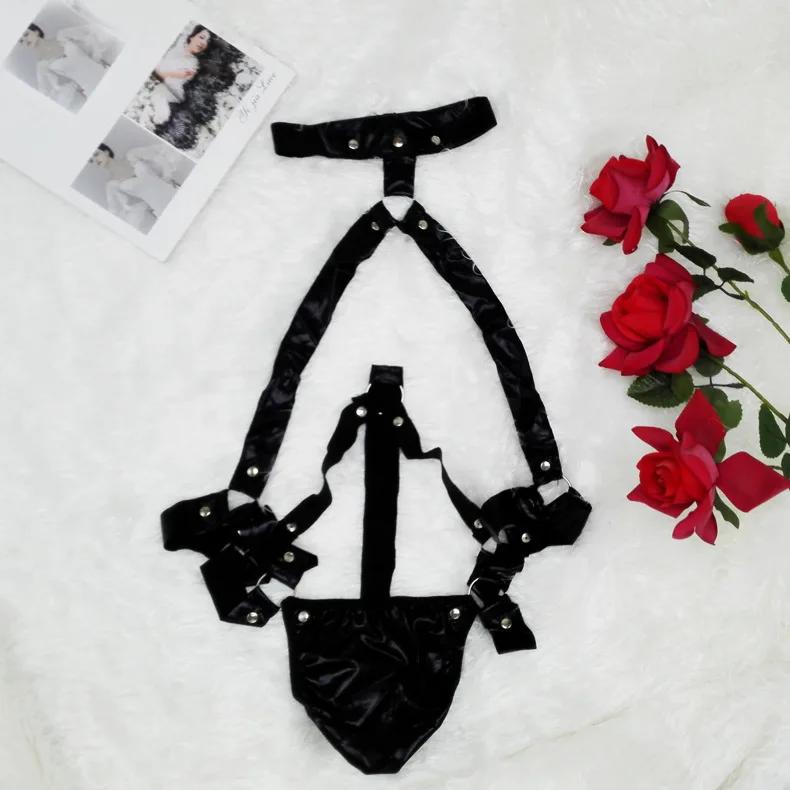 Erotic Sexy Men's Halter Jumpsuit Thongs Briefs Black Faux Leather Tight-Fitting T-Back Cross Lingerie Underwear Brazilian Thong