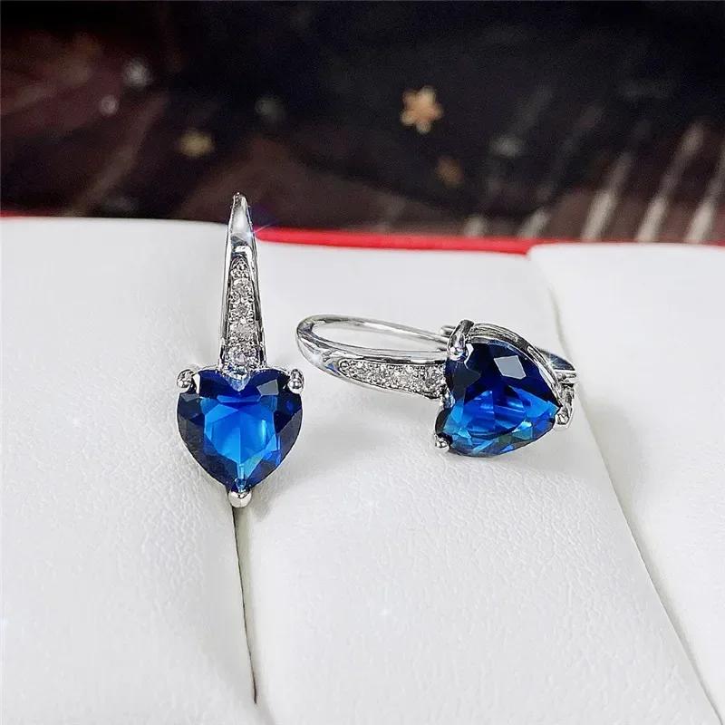 Blue Cz Heart Earrings For Women Elegant Simple Wedding Accessory  Fashion Versatile Ear Jewelry Gift