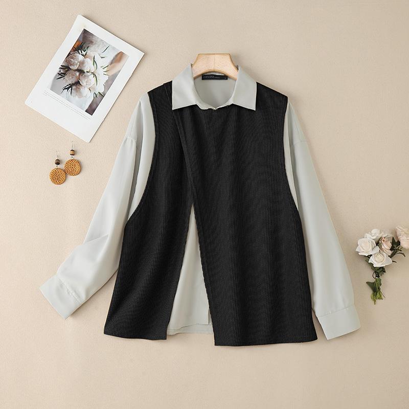 ZANZEA Women Casual Turn Down Collar Patchwork Loose Long Sleeve Blouse