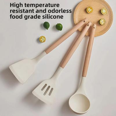 Three-piece Kitchen Utensil Set: Wooden Handle Silicone Spoon and Non-Stick Spatula for Cooking