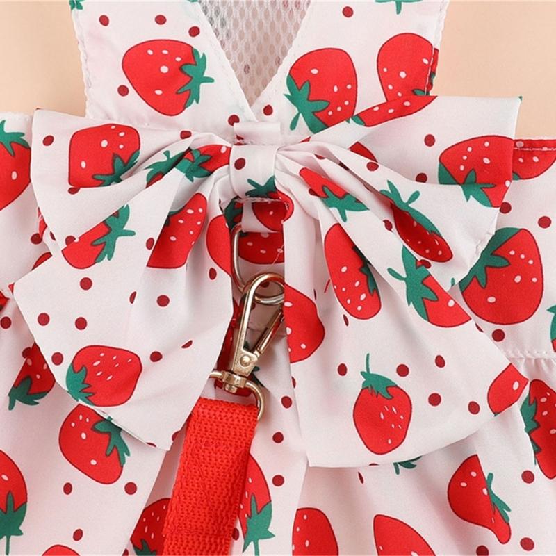 Lovely Strawberry Print Pet Dress Harnesses Holiday Washable Pet Costume with Bowknot and Matching Leashes