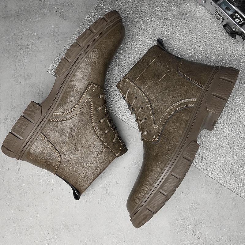 Fashion New High Top Boots Men's Leather Shoes Fashion Motorcycle Ankle Boots Man Winter Plush Snow Boots Genuine Leather Lace-Up Botas
