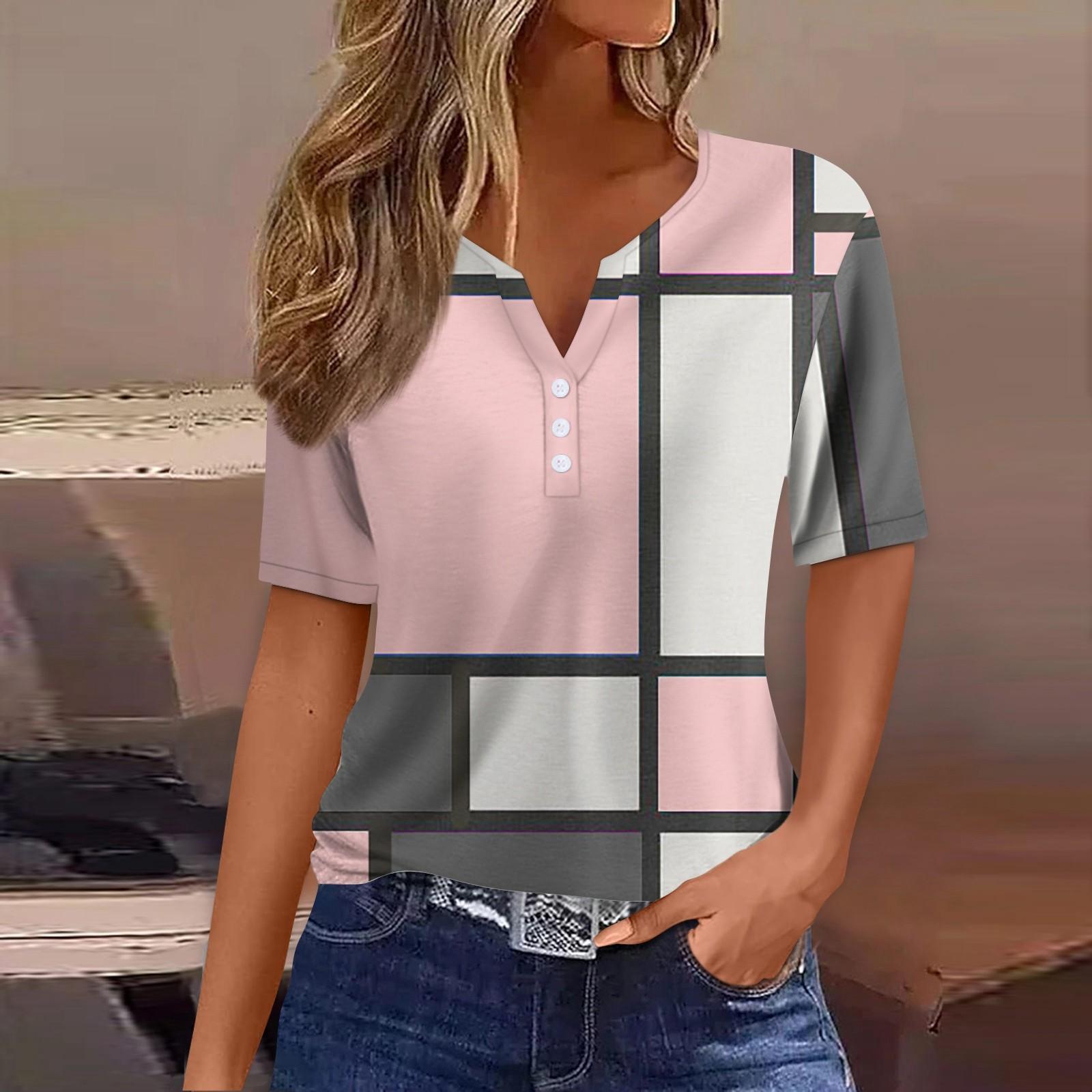

Жен. Футболка Футболка С принтом Пуговицы С короткими рукавами Повседневные Выходные Мода Классический V-образный вырез Обычный Верх XL розовый