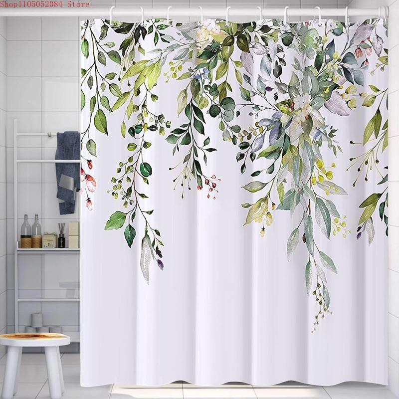 Cute Plant Pattern Shower Curtain With Hooks Waterproof Mildew Resistant Easy Install Washable For Home Bathroom Apartment
