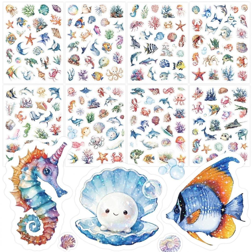198Pcs Ocean Animal Stickers Blue Holographic Design Waterproof Vinyl Adhesive for Journal Decoration