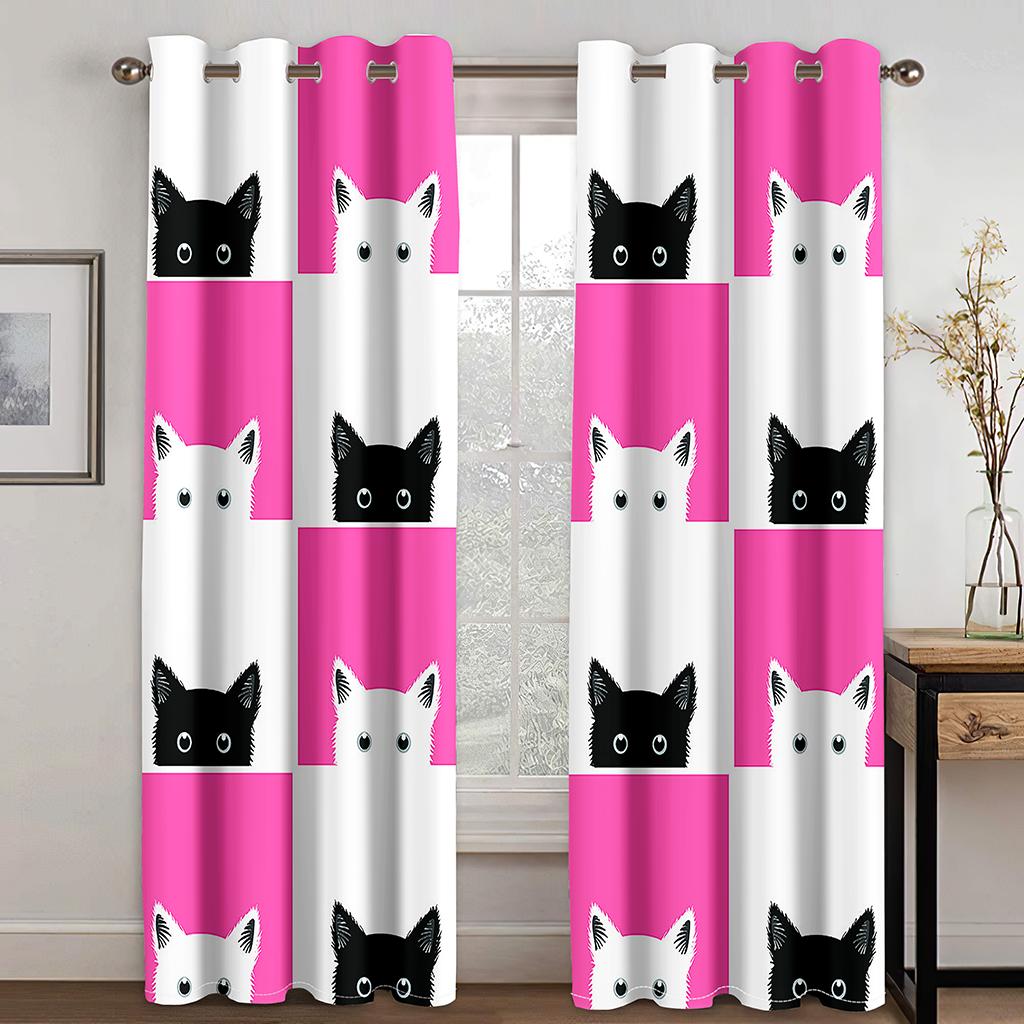 Cute Cartoon Cat Kawaii Window Curtains for Living Room Children and Kids Cartoon Mountains Forests Living Room Bedroom Decor