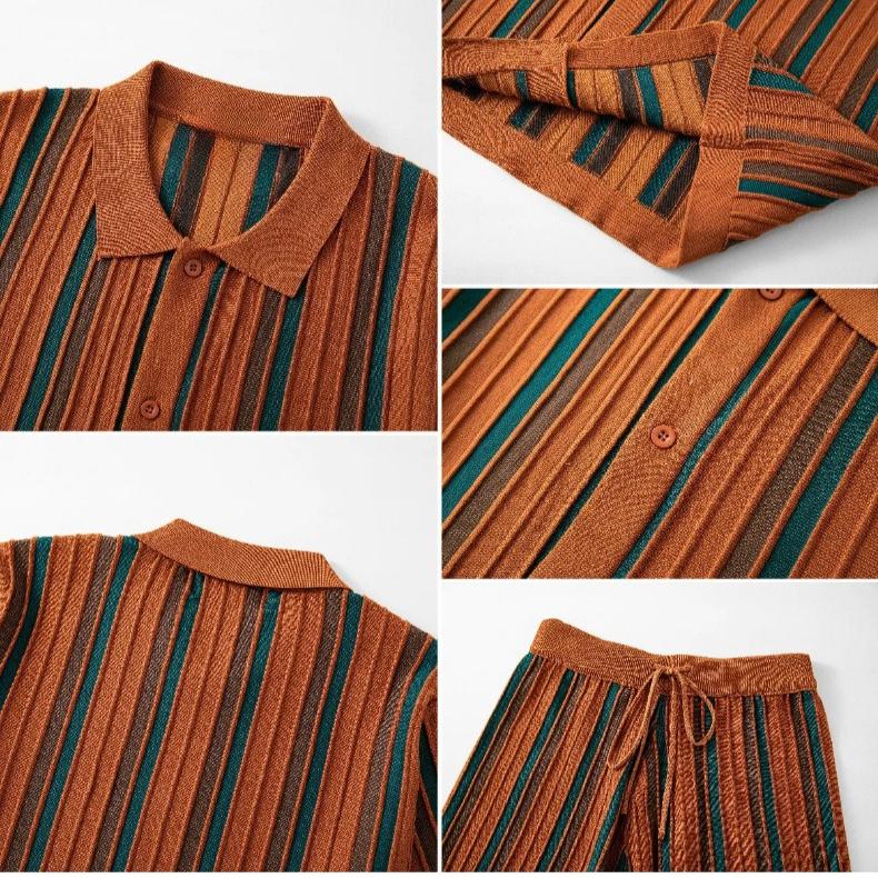 Men's 2 Piece Outfits Summer Short Sets Vintage Knit Button Down Shirt Short Sleeve Polo Casual Beach Suits Shirt Top and Shorts Matching Set for Male
