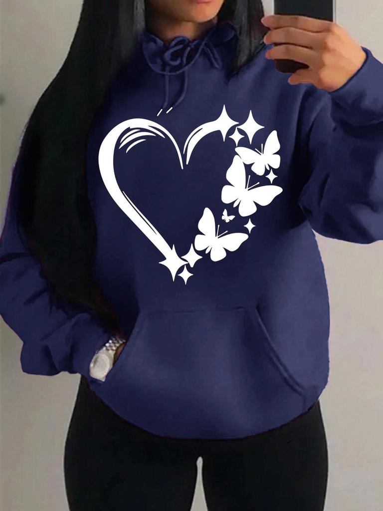 Women's Loose Fleece Hoodie with Love & Butterfly Print