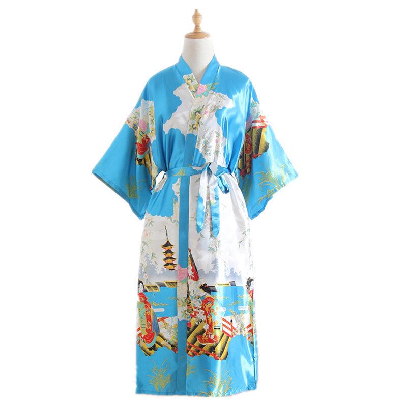 Cămașă de noapte pentru femei în stil kimono Halat de baie lung de mătase cu centură Haine japoneze Pijamale din mătase cu imprimeu de păun