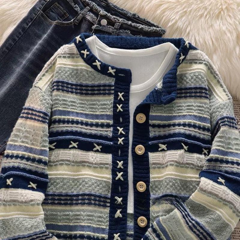 Women Striped Contrasting Knitted Cardigans Korean Style Retro Gentle Ladies Sweaters Autumn Casual Lazy Woman Cardigan Tops