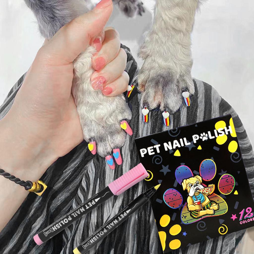 12 Colors Pet Nail Polish Pen Set Water-Based Dog Nail Polish Quick Drying Pet Nail Polish for Dogs Cats Easy To Remove
