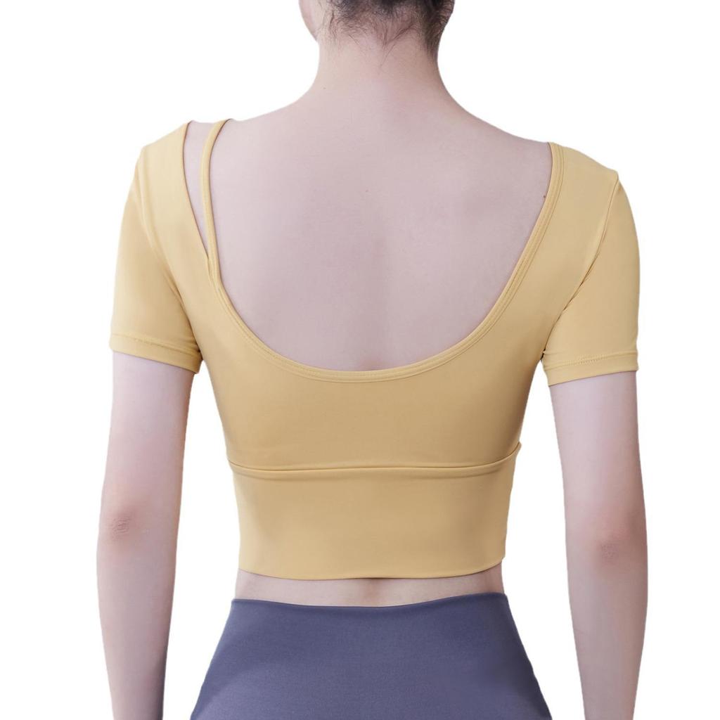 Summer Women's Quick-Dry Yoga Crop Top with Chest Pads - Short Sleeve Fitness Shirt