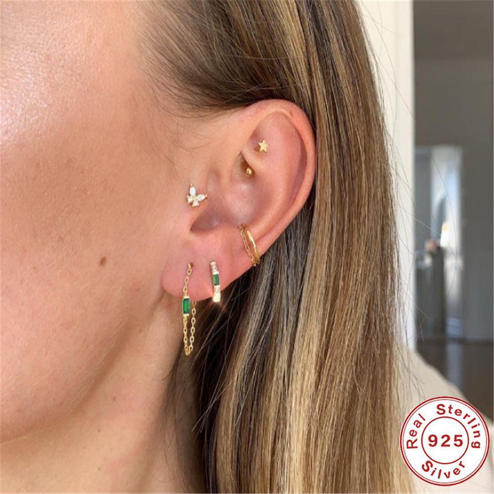 Suivez la tendance S925 Argent Sterling Chaîne simple Chaîne Boucles d'oreilles puces Zircon carré fin Écouteurs fins