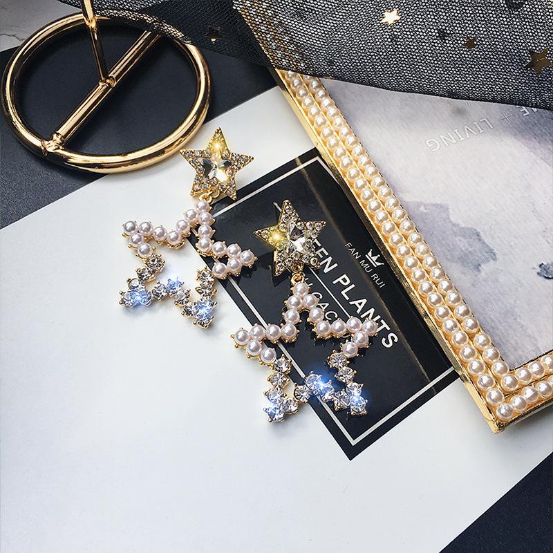 Star Rhinestone Earrings Women's Pearl Silver Needle Earrings Pentagram Hollow Geometric Pearl Diamond Spring Stud Earrings