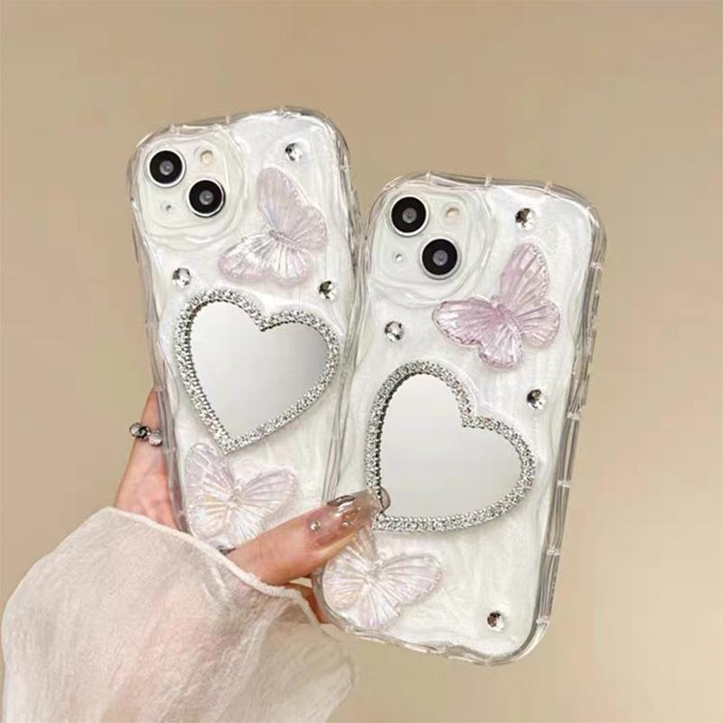 Rhinestone Butterfly Phone Case for Apple 17Pro Love Edge Rhinestone Glass Mirror for Apple 15 Drop Glue Fine Hole Soft