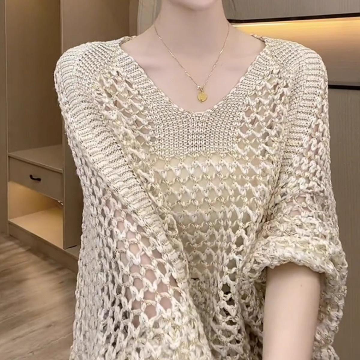 

Spring and Summer Women s Hollowed Out V-neck Sunscreen Knitted Sweater Summer Loose Fitting Pullover Top 2XL шампанського