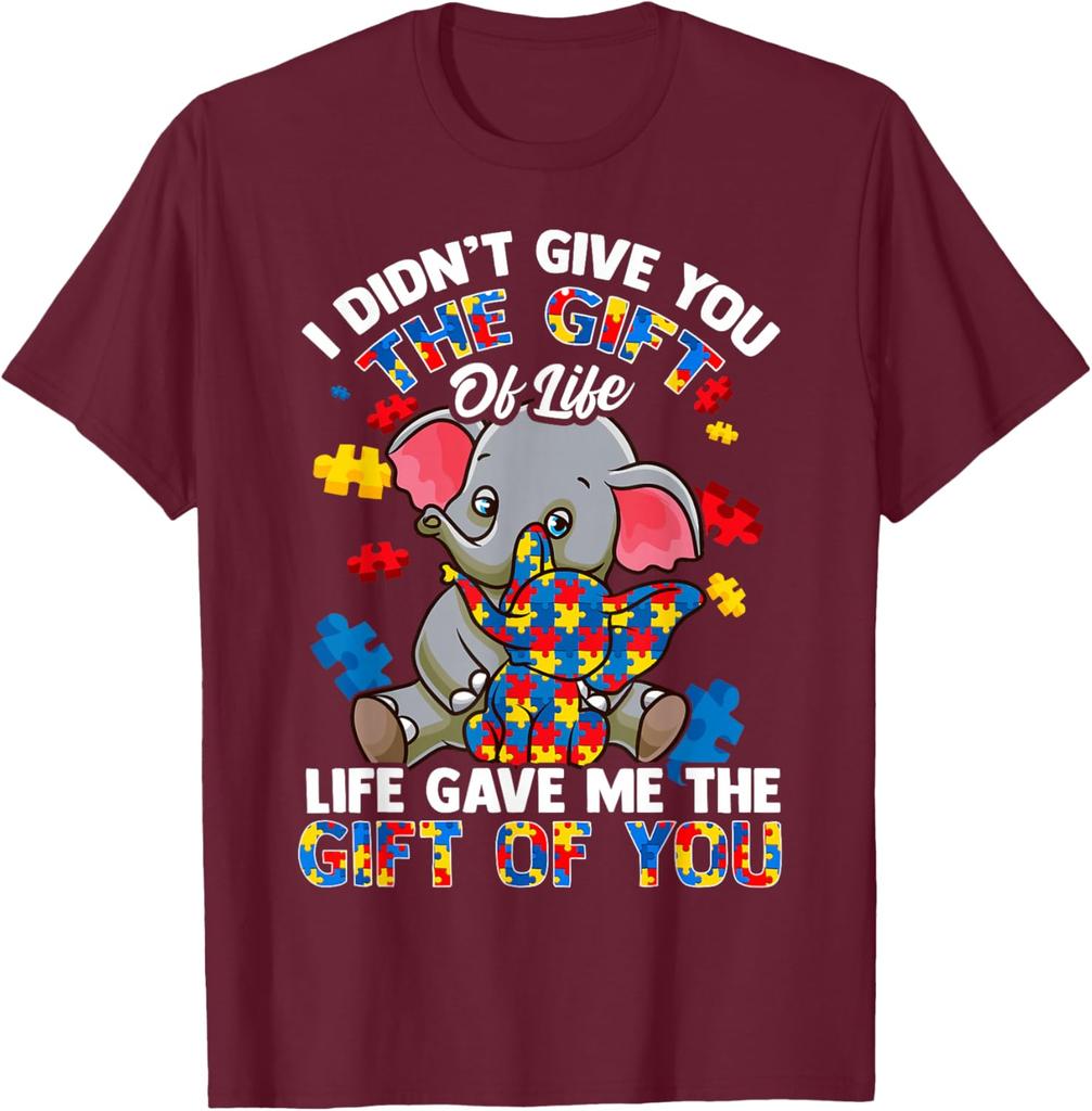 Elephant Autism Awareness Gift Of Life Graphic Tee Men Casual Short Sleeve T-Shirt