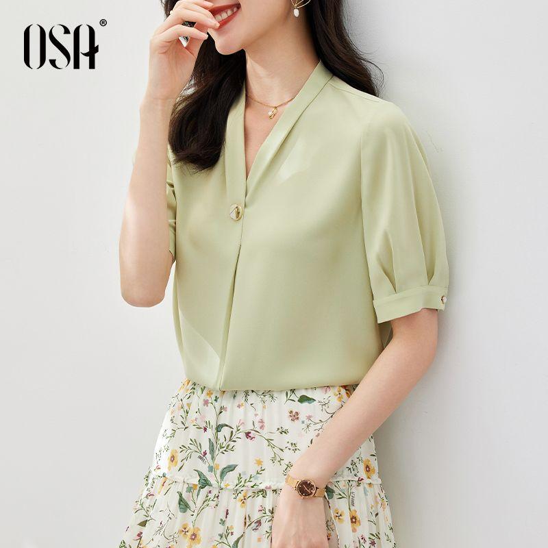 

Urban OSHA Summer Chiffon Fancy V-neck Short Sleeve Light green A XL
