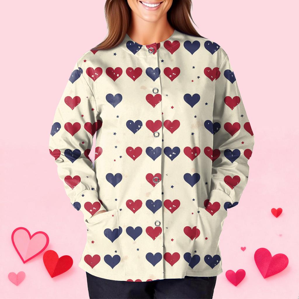 Women's Casual Fashion Long Sleeve Standing Collar Single Breasted Valentine's Day Print Workwear Jacket Tops