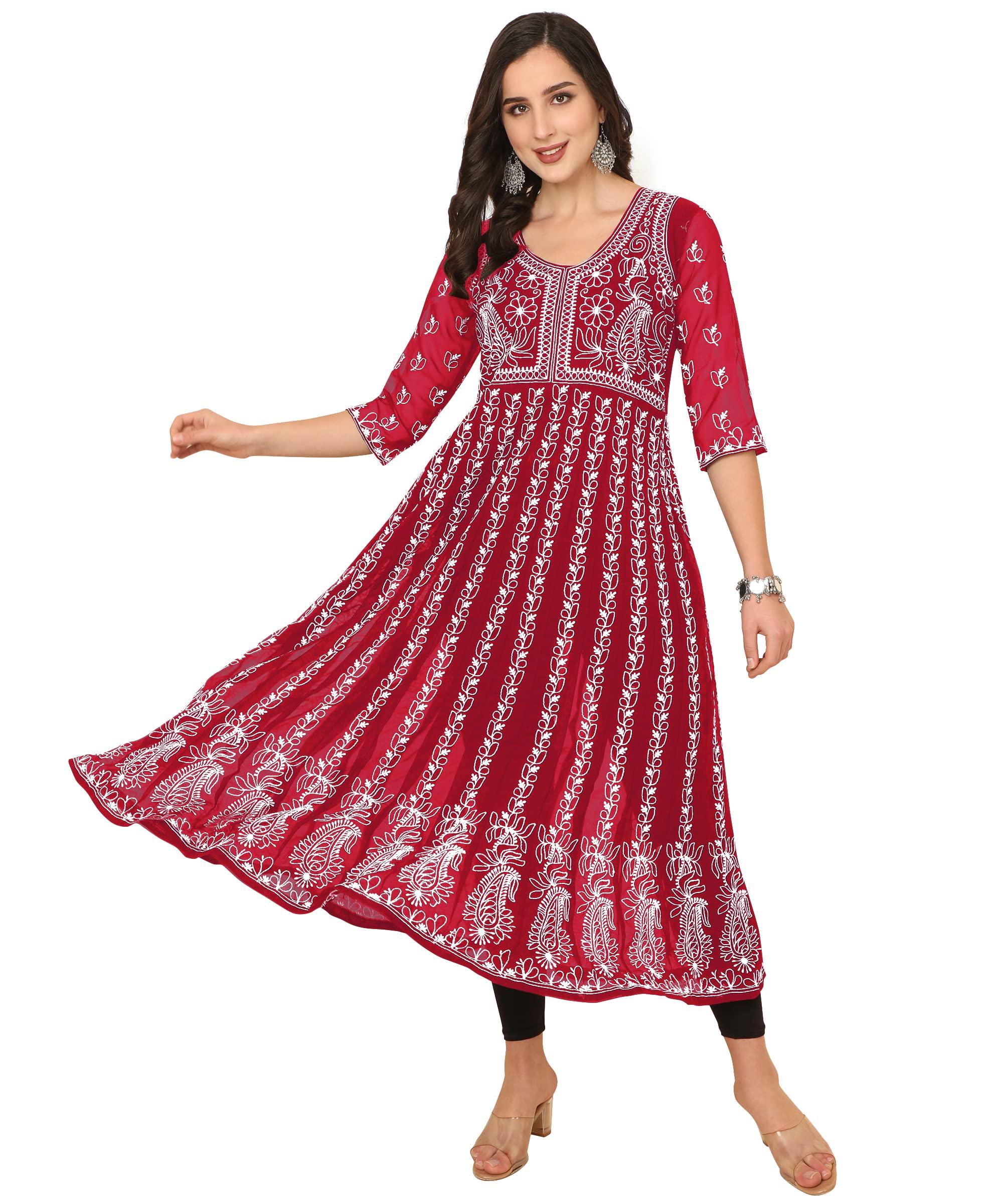 

Женская анаркали-курта EthnicJunction из жоржета с вышивкой чиканкари (B19-Апсара-Бордовый_2XL_Бордовый) L зелёный