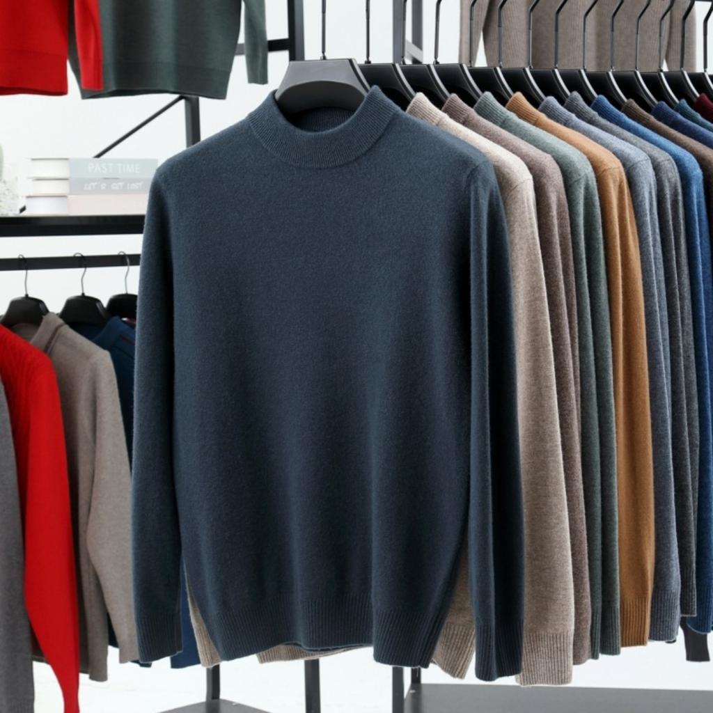 Herrenwollpullover 100 Reine Herren Herbst- und Winterpullover, Halber Stehkragen, Hochwertiges Gefühl, Lässiger Basisstrickpullover