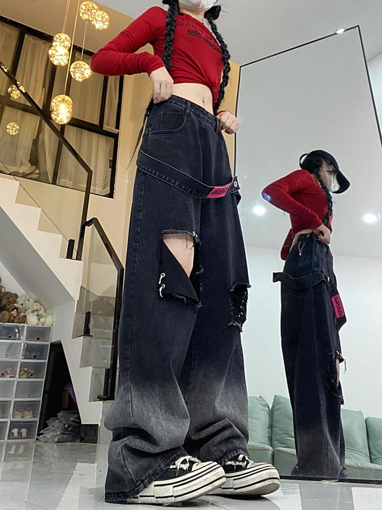 Bestmood Distressed Denimhosen mit lockerer Passform und geradem Bein, mit Gürtel und Design Damen Weitbeiniges Bein, Hip-Hop (Größe Klein, Schwarz)