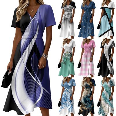 Ladies' Floral Casual Fashionable Short Sleeved V-neck Dress