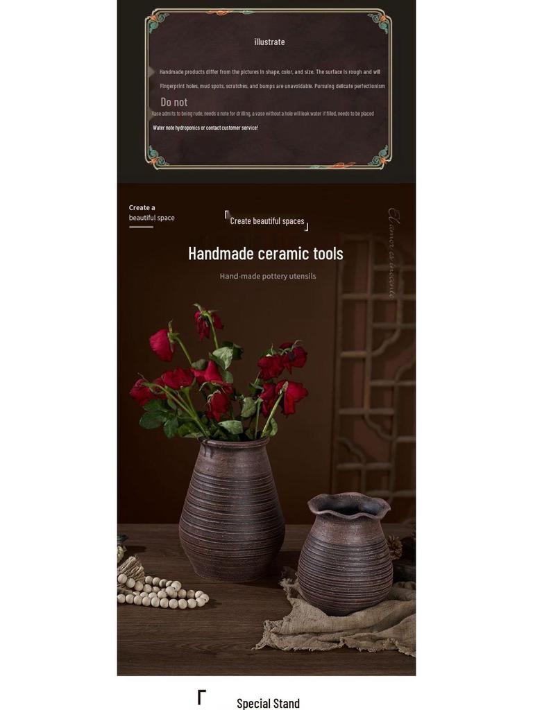 Zen-Style Rustic Pottery Vase for Dried Flowers and Succulents: New Chinese Retro Design