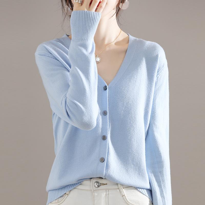 Autumn Winter Casual Fashion Solid Color V-neck Cardigan Coat Women All-match Bottomed Knitting Top