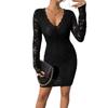 Autumn Winter Women V Neck Sexy Lace Slim Fit Long Sleeve Dress Party Mature Style French Retro Patchwork Slim Sexy Elegant Women Maxi Dress