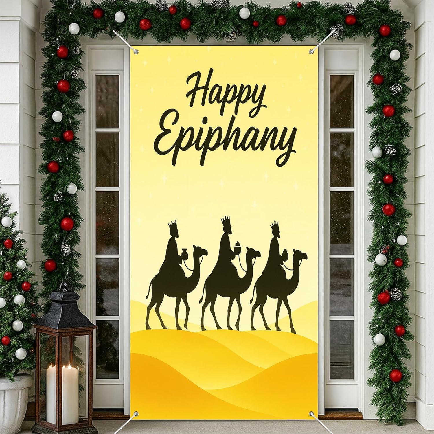 IVN Three Kings Day Epiphany Door Cover 71 x 35 Inches Front Door Banner Camel Scene Religious Holiday Decor Indoor And Outdoor Happy Epiphany with silho