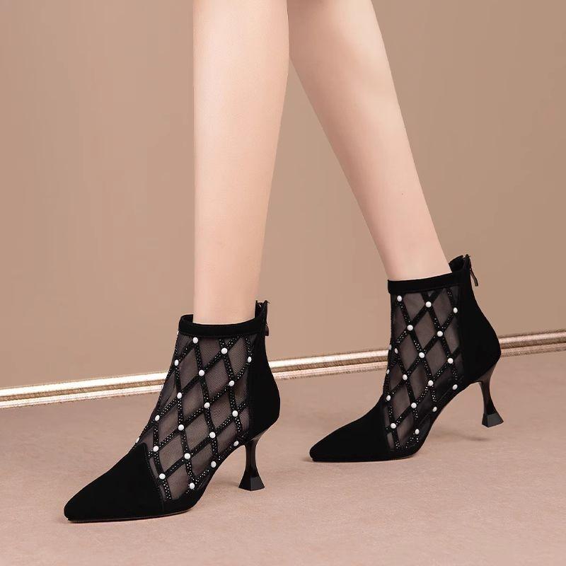 Mesh hollow cool boots women's 2025 new summer thin mesh pointed stiletto high heels Roman net women's boots