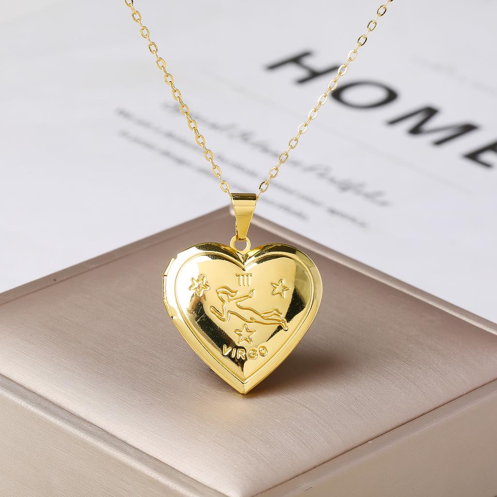 12 Zodiac Signs Openable Photo Frame Heart Locket Necklace for Women Gold Plated Astrology Horoscope Photo Pendant Jewelry Gift