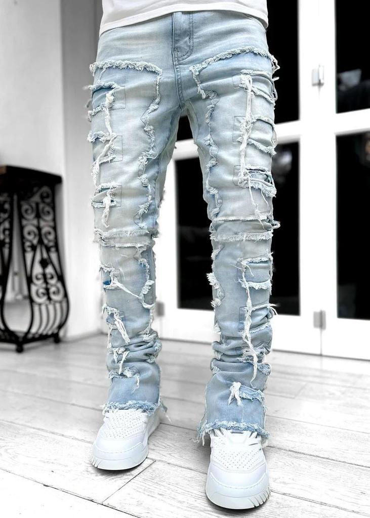 European and American Men's Ripped Badge Skinny Jeans