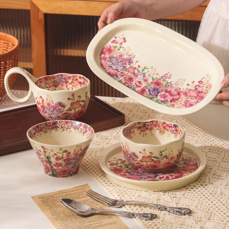 Retro Crape Myrtle Flower Ceramic Tableware Set High Value Dish Set Household Vegetable Plate Soup Plate Rice Bowl Soup Gift