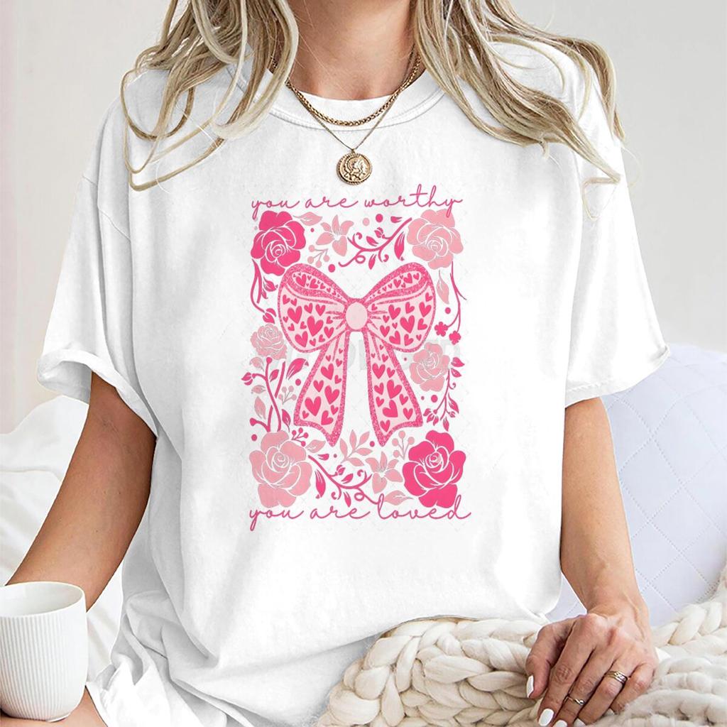 Valentines Day Heart Coquette Bow T Shirts for Women Retro Valentine Short Sleeve Tee Shirt Retro Flower Valentines Casual Tops
