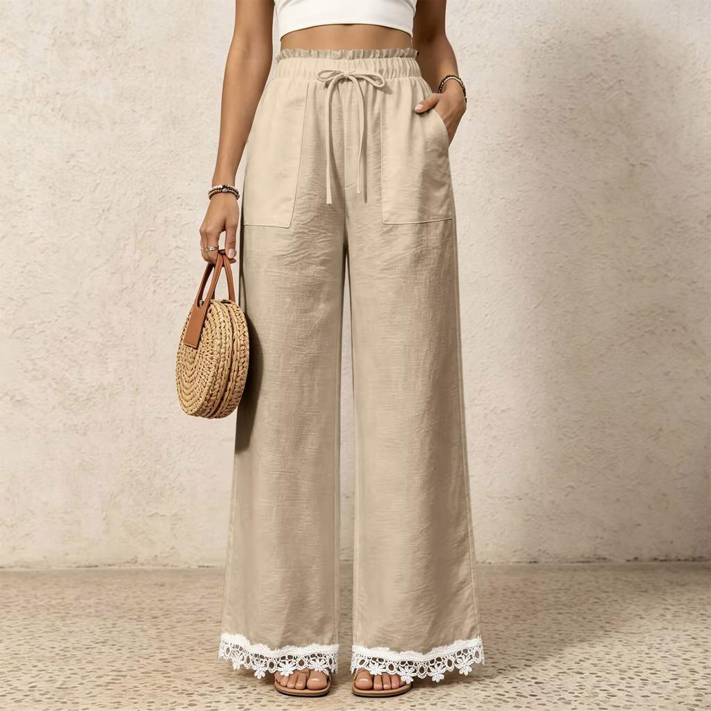 Women's Casual Wide Leg Pants with High Waist Drawstring and Lace Trim Patch Pockets for Everyday Wear