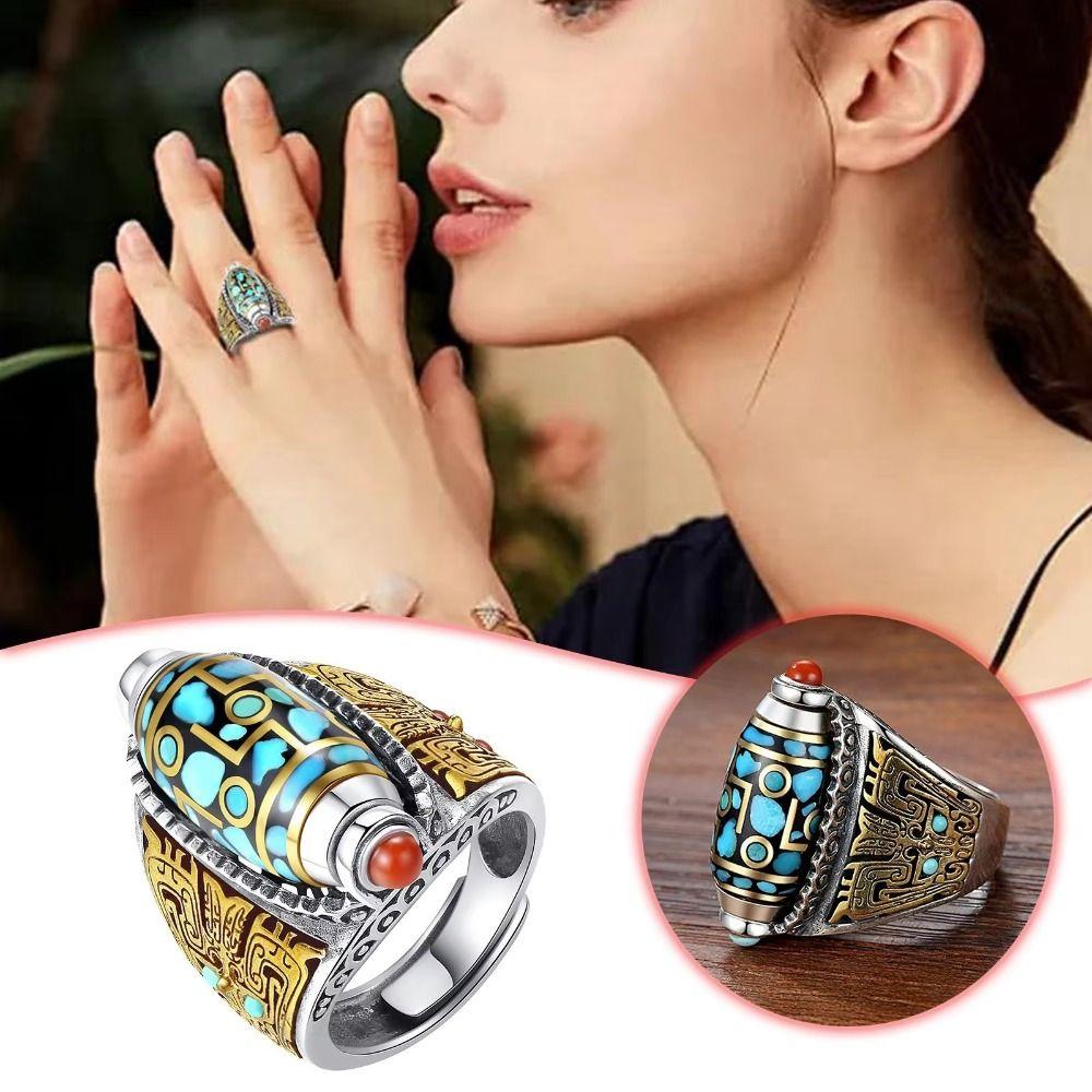 Open Luck Ethnic Style Ring Six-character Mantra Rotatable Finger Ring Nine Turns Dzi Ring For Men