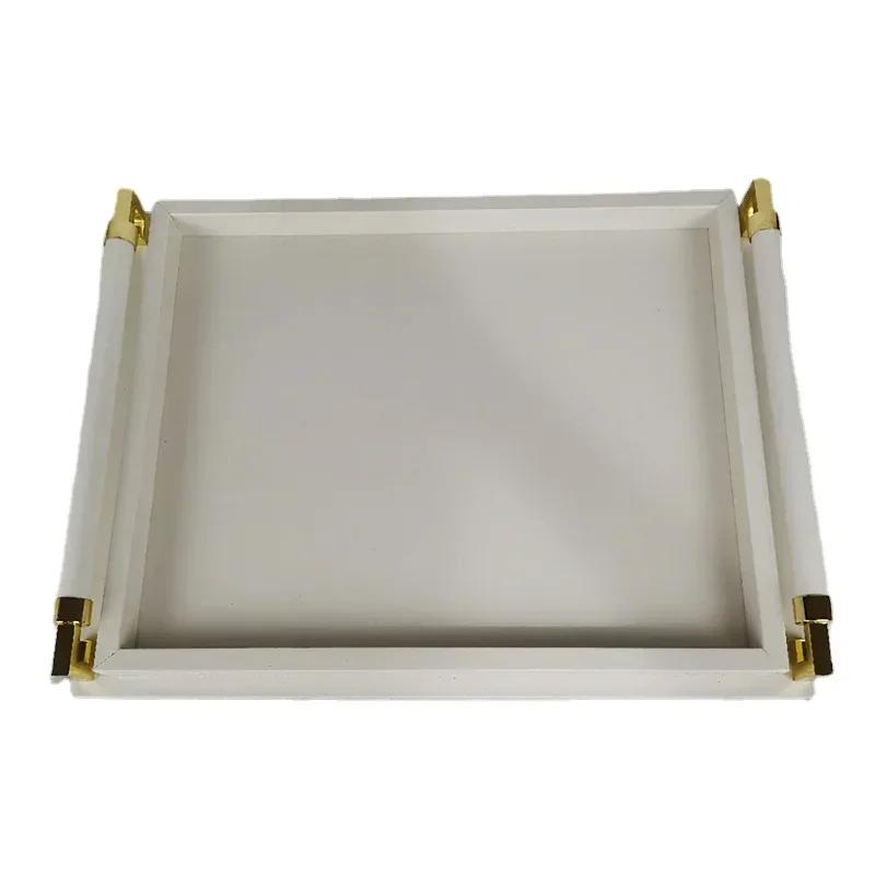 

Storage Wooden Tray Leather Plate European Gray Metal Tray Rectangle with Handle Home Hotel Storage Ornaments Serving Plate покинуть белый