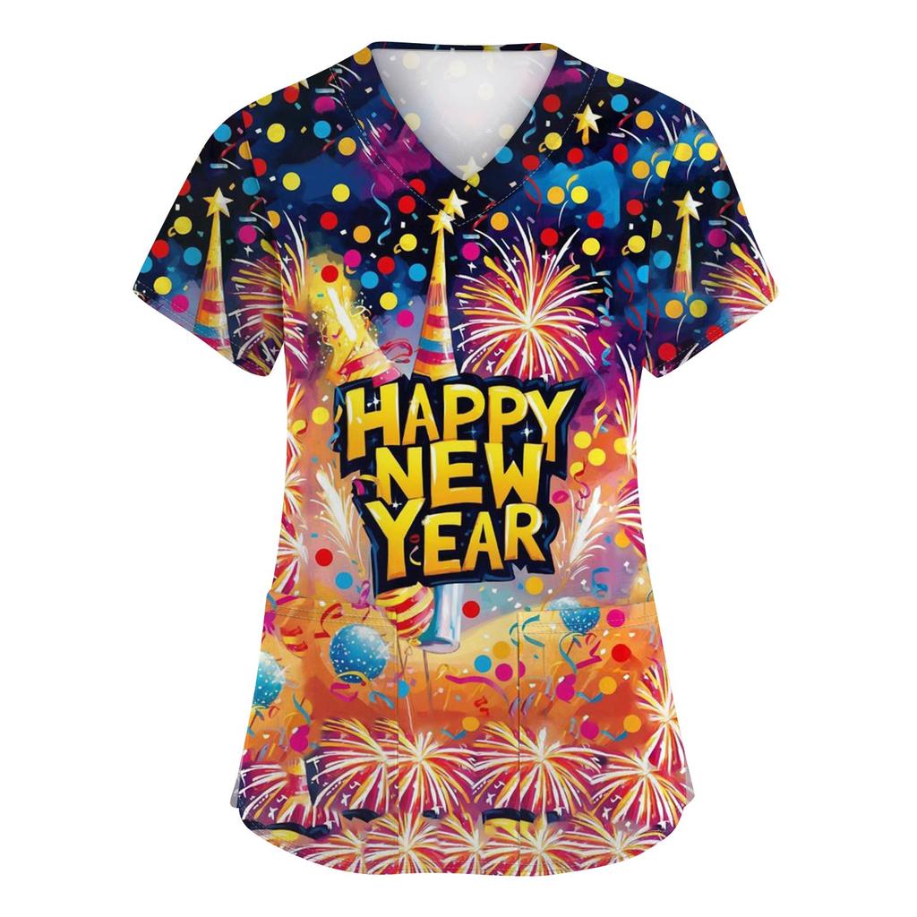 Women's Fashion Printed Short Sleeve V Neck Pattern Tops Pocket Working T-shirts