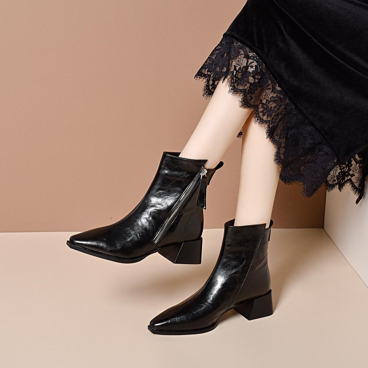 

Французские остроносые короткие ботинки женские 2025 толстый каблук средний каблук ботинки Челси европейский и американский стиль косая молния ботинки-локомотивы женские kni 34