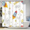 Space-themed Shower Curtain Set Featuring Rockets and Planets for Kids' Bathrooms White Background with Colorful Designs