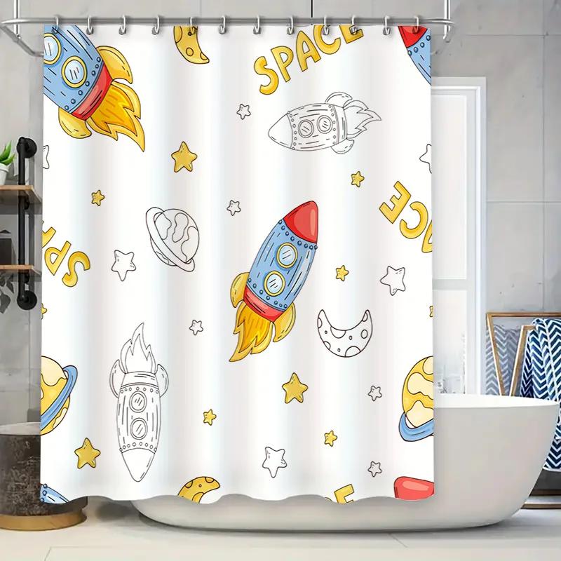 

Space-Themed Shower Curtain Set Featuring Rockets And Planets For Kids Bathrooms White Background With Colorful Designs W60H190(CM)-1 Pcs