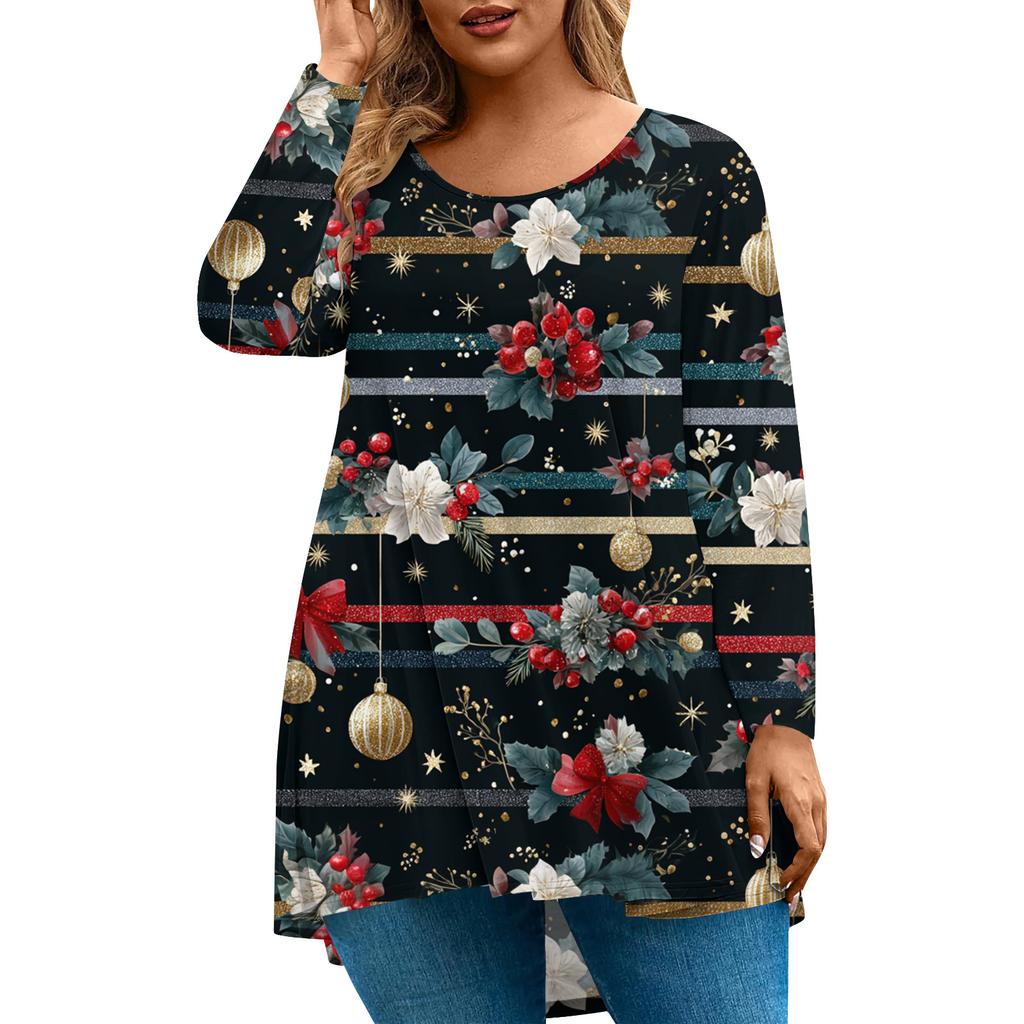 Women's Fashionable Casual Long Sleeved Plus Size  Print Top Plus Size Floral Print Top